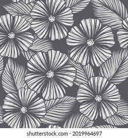 seamless darck  abstract background with white summer tropical flowers