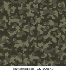 Seamless Dark Abstract Digital Camo Textile.  Desert Repeated Colorful Graphic Camouflage Backdrop. Beige Seamless Color Pixel Military Texture. Khaki Vector Army Background. 