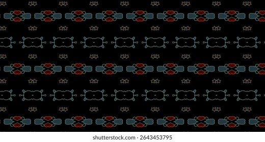 Seamless dark abstract pattern with symmetrical motifs and star shapes, ideal for textile, digital, or wallpaper use. Perfect for abstract and texture projects.