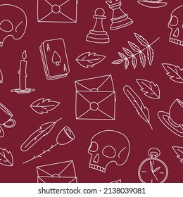 Seamless dark academia pattern. Gothic ornament with dark academia elements. Сup, cards, letter, clock, chess, skull, rose. Vector illustration.