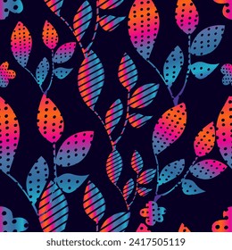 Seamless dark background beautiful graphic decorative gradient leaves with flowers. Vector illustration
