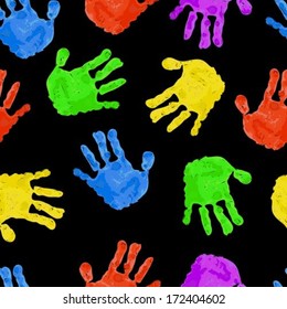 Seamless dark background with bright colored handprints