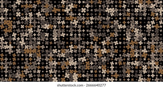 seamless, dark background covered with a dense, repeating pattern of four-petal flower shapes. vector illustration
