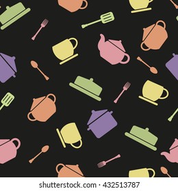 Seamless dark background with crockery. Endless pattern with kettle, pot, spoon, fork, sugar bowl, cup and scapula. Vector kitchen pattern