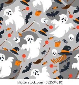 Seamless dark background, flat design illustration of Halloween I really, broom, witch hat, spider, spit, gift, candy and lollipops.