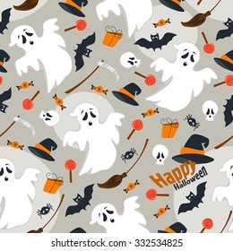 Seamless dark background flat design illustration of Halloween I really, spider, scythe, broom, witch hat, gift, candy and lollipops.