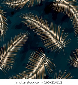 Seamless dark background with golden palm branches and watercolor background
