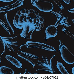 Seamless dark background with light blue silhouettes of fresh vegetables. Healthy food
