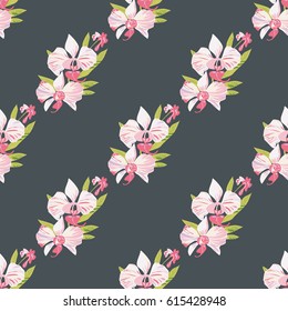 Seamless dark background with orchids. Beautiful floral pattern for print on textile, fabric, Wallpaper, wrapping, scrapbooking, decoupage. Vector illustration with exotic flowers. Tropical ornament