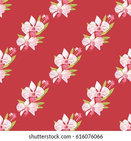 Seamless dark background with orchids. Beautiful floral pattern for print on textile, fabric, Wallpaper, wrapping, scrapbooking, decoupage. Vector illustration with exotic flowers. Tropical ornament