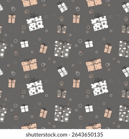 Seamless dark background pattern with stylized festive gift boxes and bubbles, ideal for wrapping paper or holiday textiles