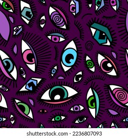 Seamless dark background of people's eyes. Vector illustration Abstract witch look. Printing on fabric. Hand-drawn all-seeing divine eye.