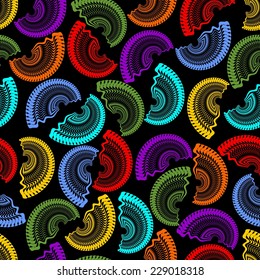 Seamless dark background with rainbow semicircle fine patterns on black area