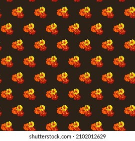 Seamless dark background with repetition yellow and orange marigold flowers for fashion design, textile, wrapping paper, package wallpaper, bag print