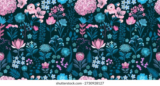 Nahtloser dunkler Hintergrund mit einfachen Blumen in Rosa und Blau. Wildflowers Handgezeichnet. Nicht AI, Vektorgrafik