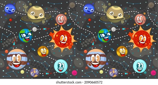 Nahtloser dunkler Hintergrund des Sonnensystems mit Cartoon-Planeten, Sonne, Mars, Merkur, Erde, Venus, Jupiter, Saturn, Uranus, Neptun, Pluto. Vorlage für Reisen von Raumschiffen
