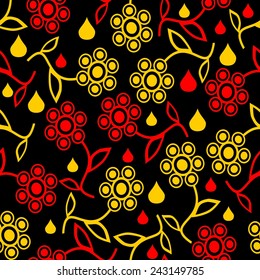 Seamless dark background tile with floral and drop motif in red and yellow