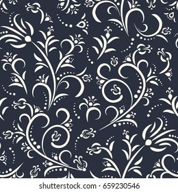 Seamless dark background with white floral pattern in baroque style. Abstract decorative retro illustration