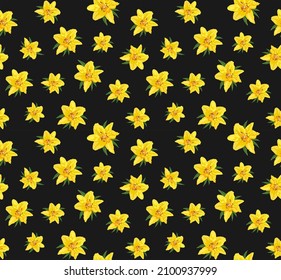 Seamless dark background with yellow lily heads for fashion design, textile, wrapping paper, package wallpaper, bag print