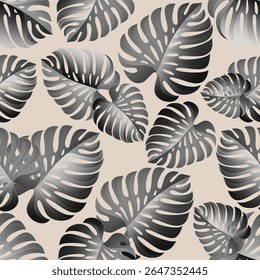 Seamless dark beautiful tropical Monstera leaves with lush green tones, perfect for nature-themed designs, backgrounds, interior decor mockups, botanical illustrations, eco-friendly branding. 
