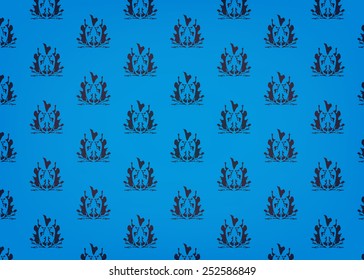 Seamless dark, black stylized damask shape pattern on blue background. EPS10 vector illustration. Colorful black blue pattern. Damask ornament. Nature, geometrical objects, shapes. 