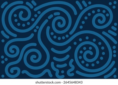 Seamless Dark Blue Abstract Pattern with Swirl Lines and Dots – Modern Tribal-Inspired 