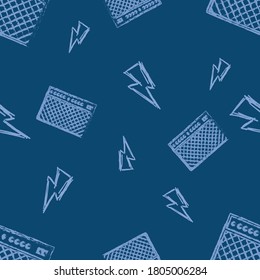 seamless dark blue amplifier and lightning pattern backdrop for rock music concept. hand-drawn icons flat design use for website, decorative wallpaper, good for printing vector illustration.