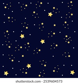 A seamless dark blue background filled with scattered yellow stars and white dots, resembling a starry night sky. The pattern has various sizes of stars, creating a calming, celestial atmosphere.