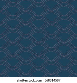 Seamless dark blue and burgundy oriental Japanese waves textile pattern made like stitches vector