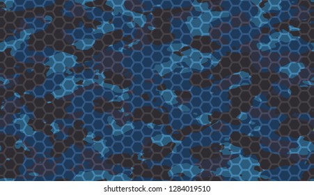 Seamless dark blue camo with hi-tech hexagonal grid pattern vector
