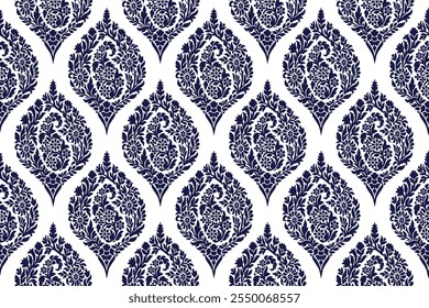 Motif harmonieux d'arabesques florales de couleur bleu foncé dans des motifs de style damassé adaptés au fond d'écran, rideau, vêtements, textiles, tuiles, couverture et tissu conception illustration isolée archiver fichier EPS.