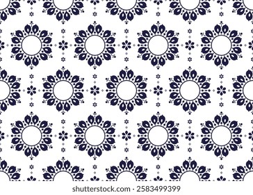 Seamless dark blue floral on white background, ethnic fabric seamless pattern, design for cloth, carpet, batik, wallpaper, wrapping etc.
