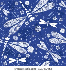 Seamless dark blue floral pattern with white dragonflies and flowers (vector)