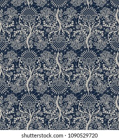 Seamless dark blue lace background with floral pattern