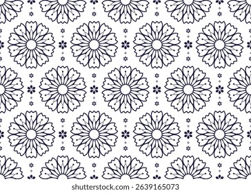 Seamless dark blue lotus blooming on white background, ethnic fabric seamless pattern, design for cloth, carpet, batik, wallpaper, wrapping etc.