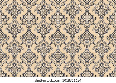 Seamless dark blue ornament on a beige wallpaper pattern. Floral ornament on background