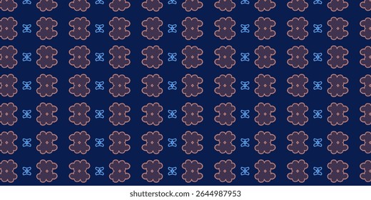 Seamless dark blue pattern with abstract purple flower shapes and geometric accents. Perfect for textiles, wallpaper, and digital backgrounds. Seamless, pattern, floral, abstract, wallpaper.