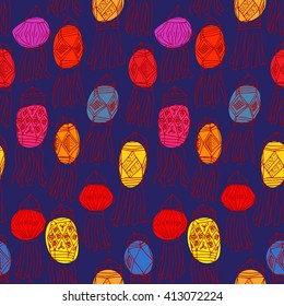 Seamless dark blue pattern with china hanging lanterns