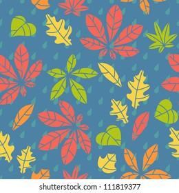 Seamless dark blue pattern with colorful autumn leaves and raindrops. Vector illustration