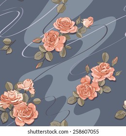 Seamless dark blue pattern with roses. Vector illustration.