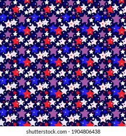 Seamless dark blue pattern of striped red and blue five-pointed stars on a transparent background, vector eps 8