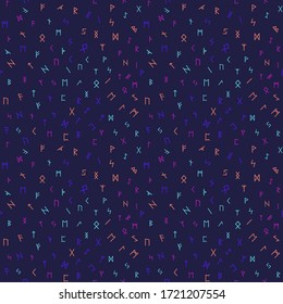 Seamless dark blue runic pattern. Endless background with colorful letters. Ancient mystic symbols. Esoteric, occult, mystical, magic navy blue background.
Vector illustration