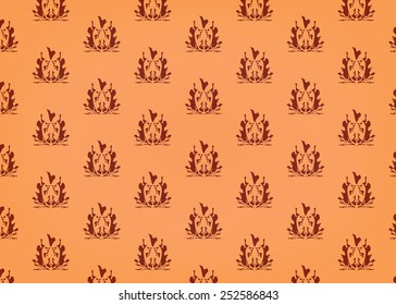 Seamless dark brown stylized damask shape pattern on orange background. EPS10 vector illustration. Colorful brown orange damask pattern, ornament. Nature geometrical objects, shapes.