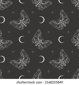 Seamless dark celestial pattern with stars, crescents and moth on a black. Butterfly illustration. Esoteric mystical background with insect and moon for wrapping paper, packaging, fabric and wallpaper