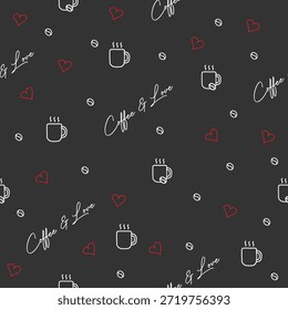 Nahtloses dunkles Kreidetafelmuster mit Kaffeebohnen, Tassen und roten Herzen. Handgeschriebener Text Kaffee Liebe. Vektorhintergrund für Café-Menü oder Umschlagpapier