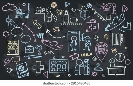 A seamless dark chalkboard pattern featuring body check gates, carry-on bag scans, coin vending, lost and found, and bus stops with arrow lines.