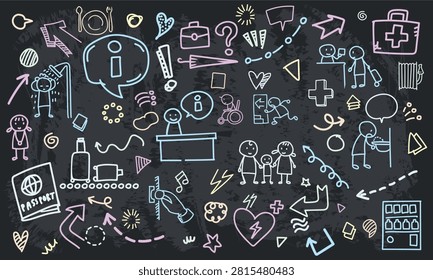 A seamless dark chalkboard pattern presenting information desks, passport checks, emergency exits, drinking fountains, and lost property icons with arrow details.