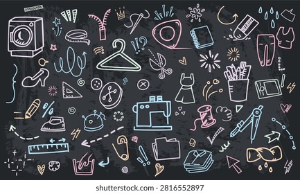 A seamless dark chalkboard pattern presenting sewing machines, clothes hangers, washing machines, irons, and fashion craft accessories with arrow lines.