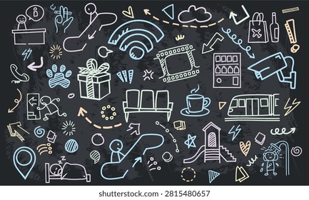 A seamless dark chalkboard pattern showcasing Wi-Fi access points, children's playgrounds, pet care areas, hotel accommodations, and duty-free shops with arrow lines.