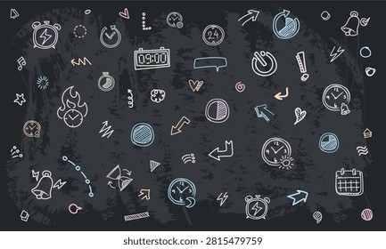 A seamless dark chalkboard pattern showing minimal calendar outlines, simple fire clock drawings, digital displays, and alarm bells with arrow details.